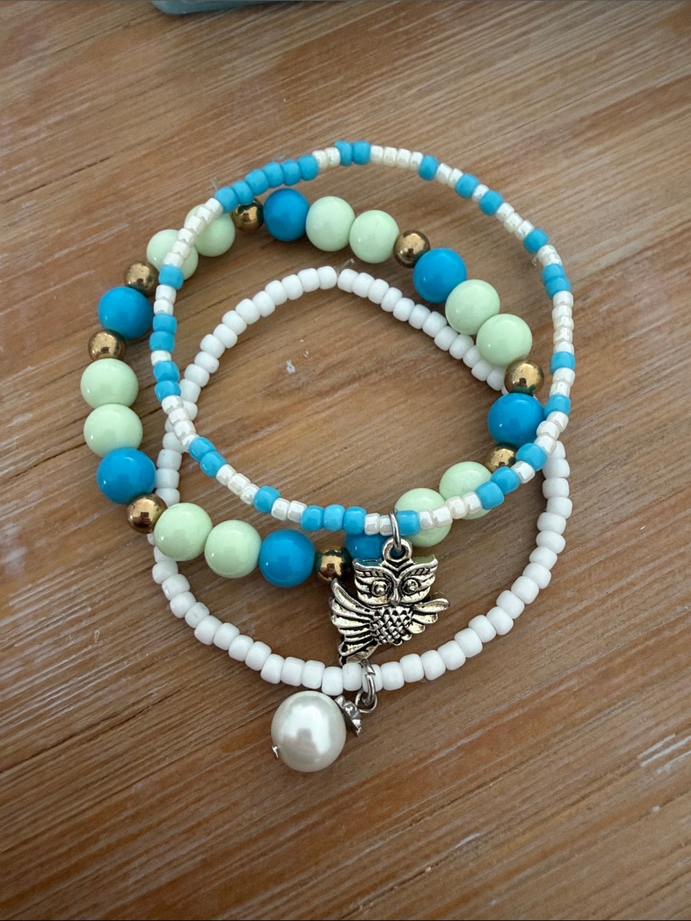 Beaded Owl Charm Bracelet Set - Turquoise, Cream & Gold